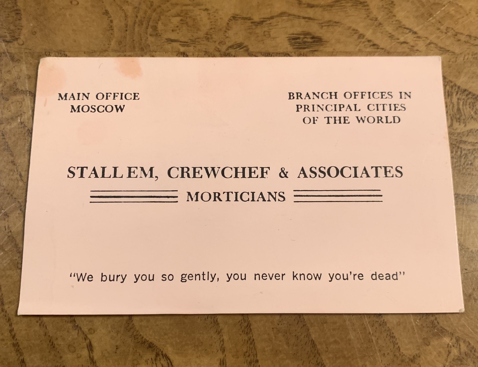 Rare Vintage Satirical Business Card Cold War Era Political Morticians Moscow