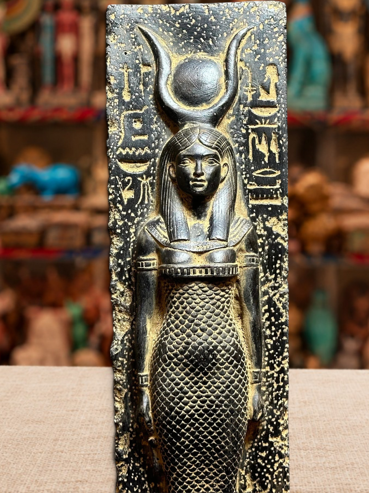 Egyptian Goddess Hathor Statue Carefully Hand Painted with Hieroglyphic Symbols