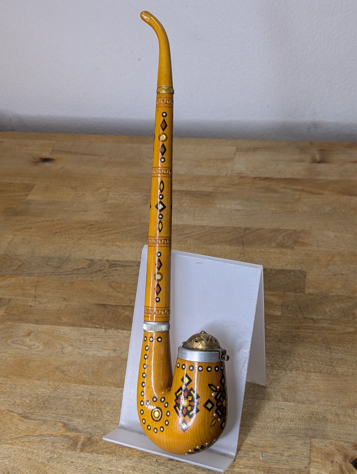 Ukrainian Hutsul Folk Art Ceremonial Smoking Pipe Inlaid & Metal Lid MCM Vtg
