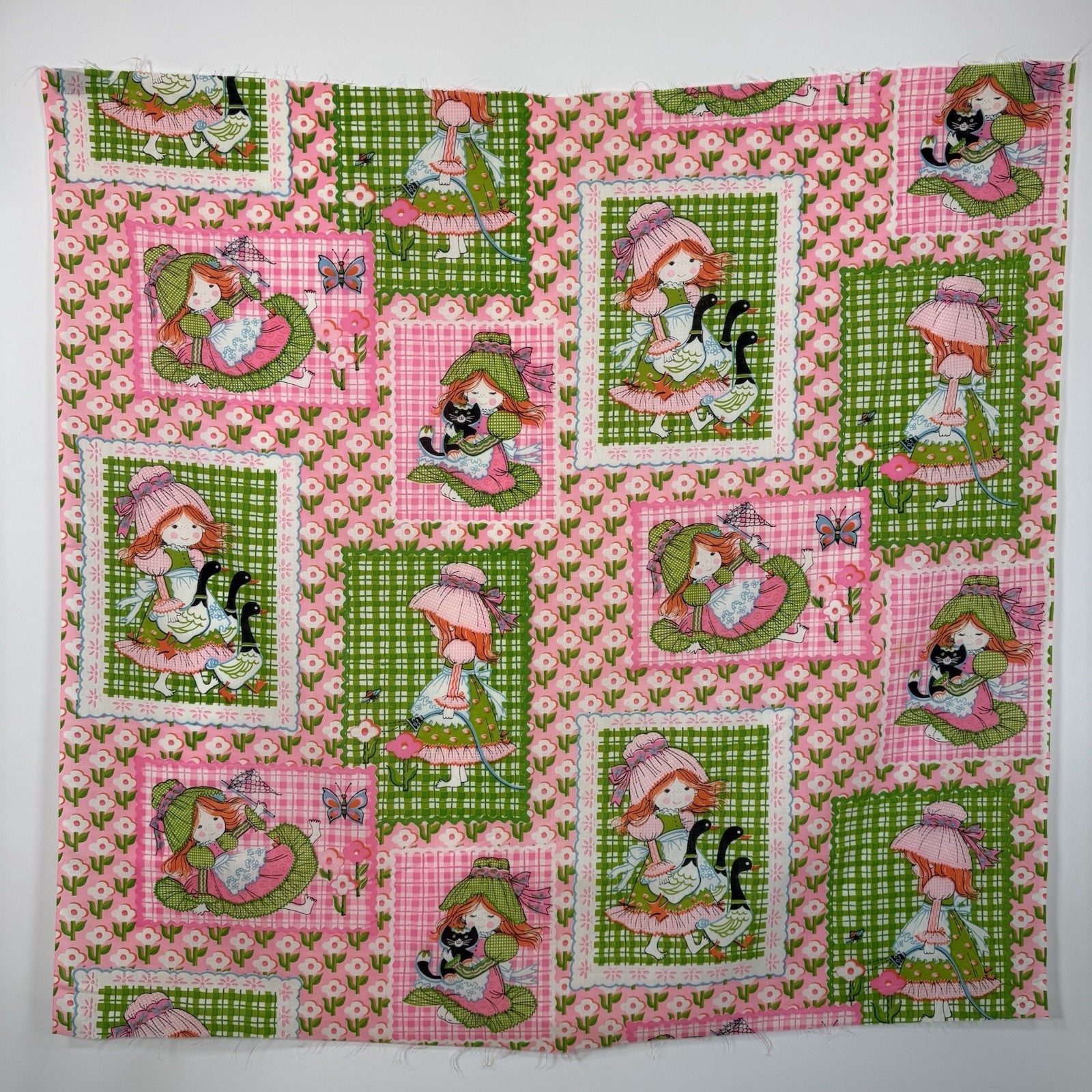 Vtg 1970s Juvenile Print Fabric Prairie Girl Geese Black Cat Flower Power CB 42\