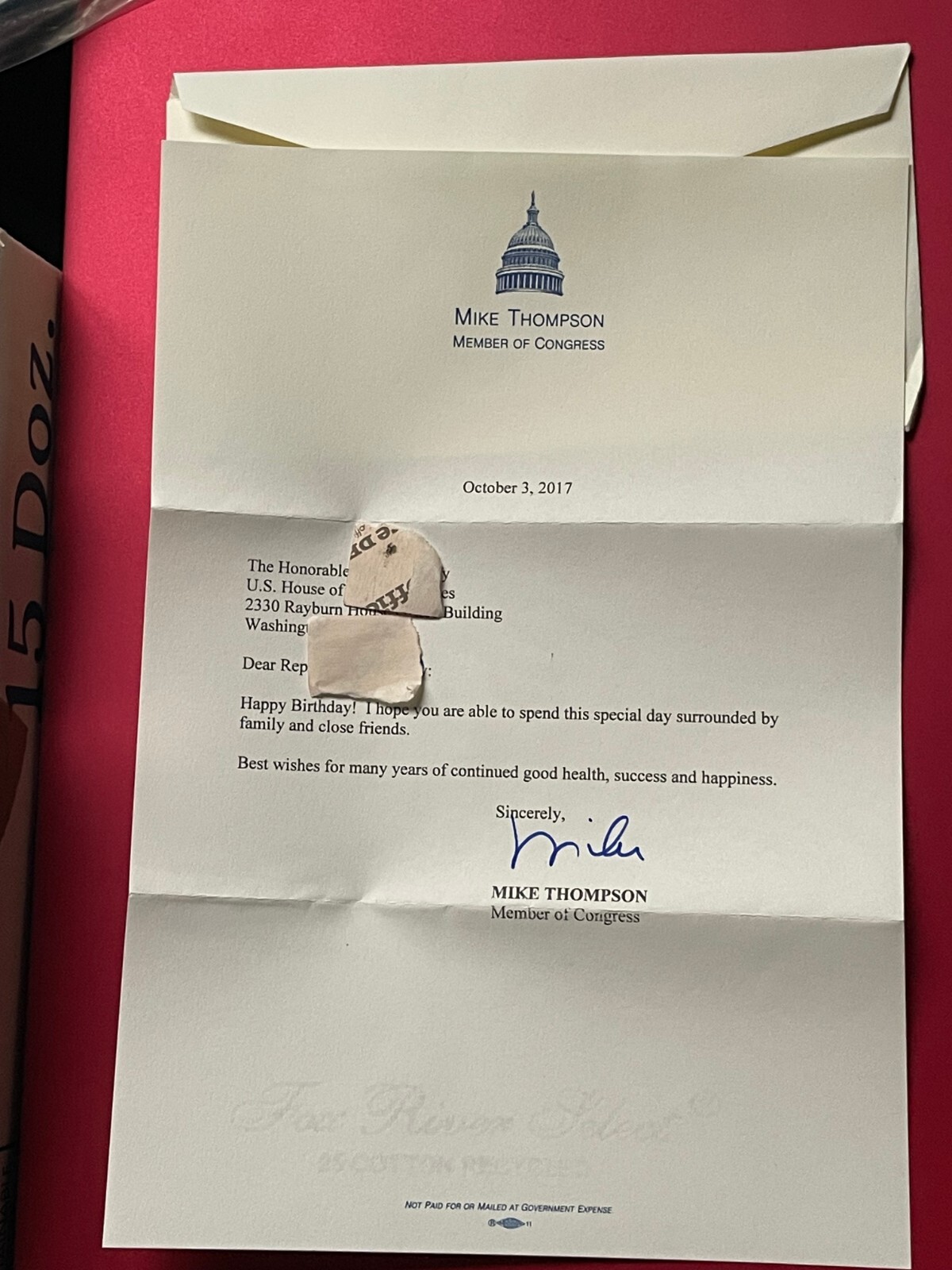Mike Thompson Signed Personal Letter Note to Member House of Representatives MT1 Mike Thompson Signed Personal Letter Note to Member House of Representatives MT1