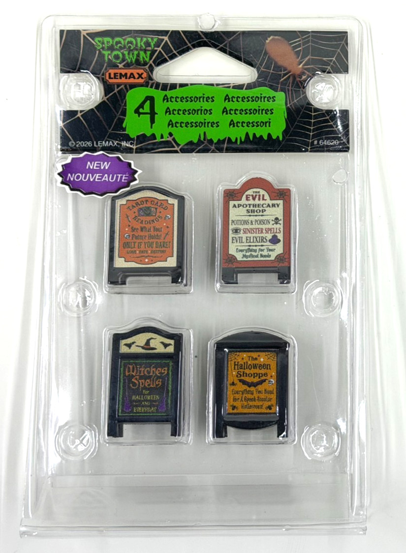 Lemax Spooky Town Accessories 4 Evil sidewalk Signs 64620 NEW for 2026