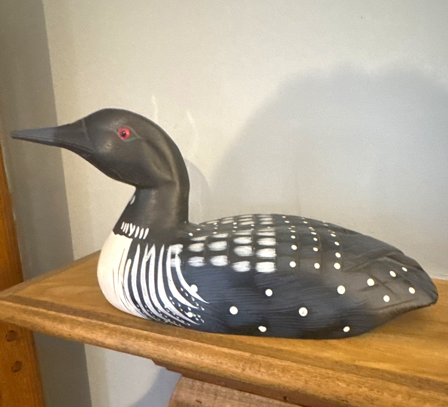 Hand Painted Wood Loon Bird Figurine Black & White with Red Eye