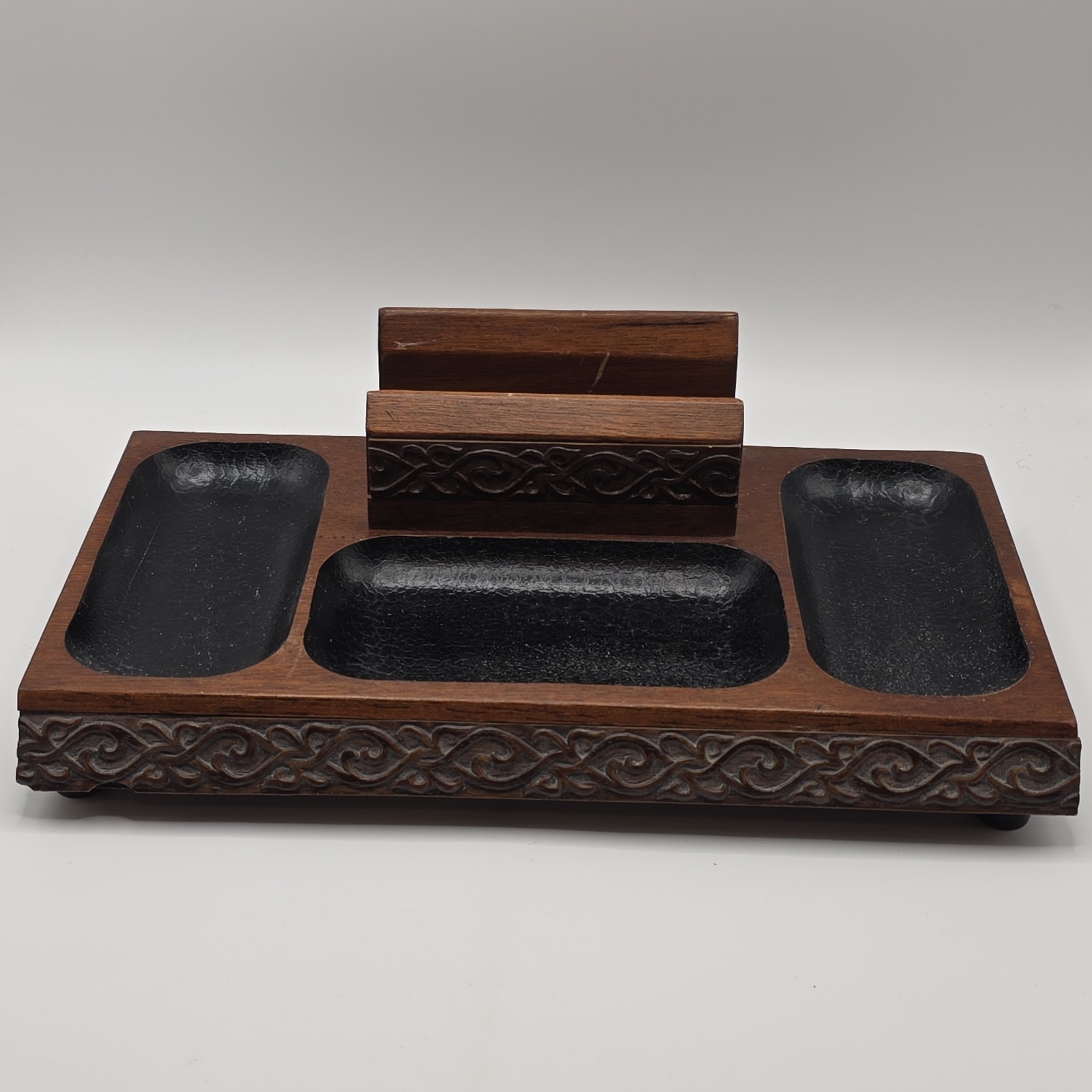 Vintage Swank Wood Valet Tray Carved Scrollwork Desk Organizer Japan MCM