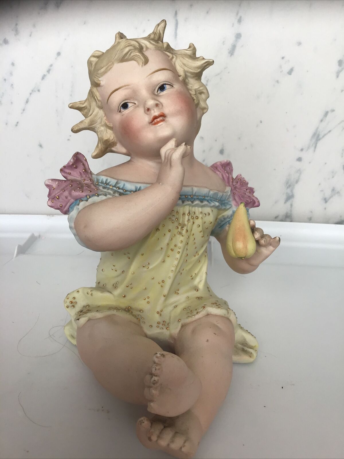 Antique Conta&Boehme BISQUE Porcelain PIANO Baby Figurine GIRL Holding Pear