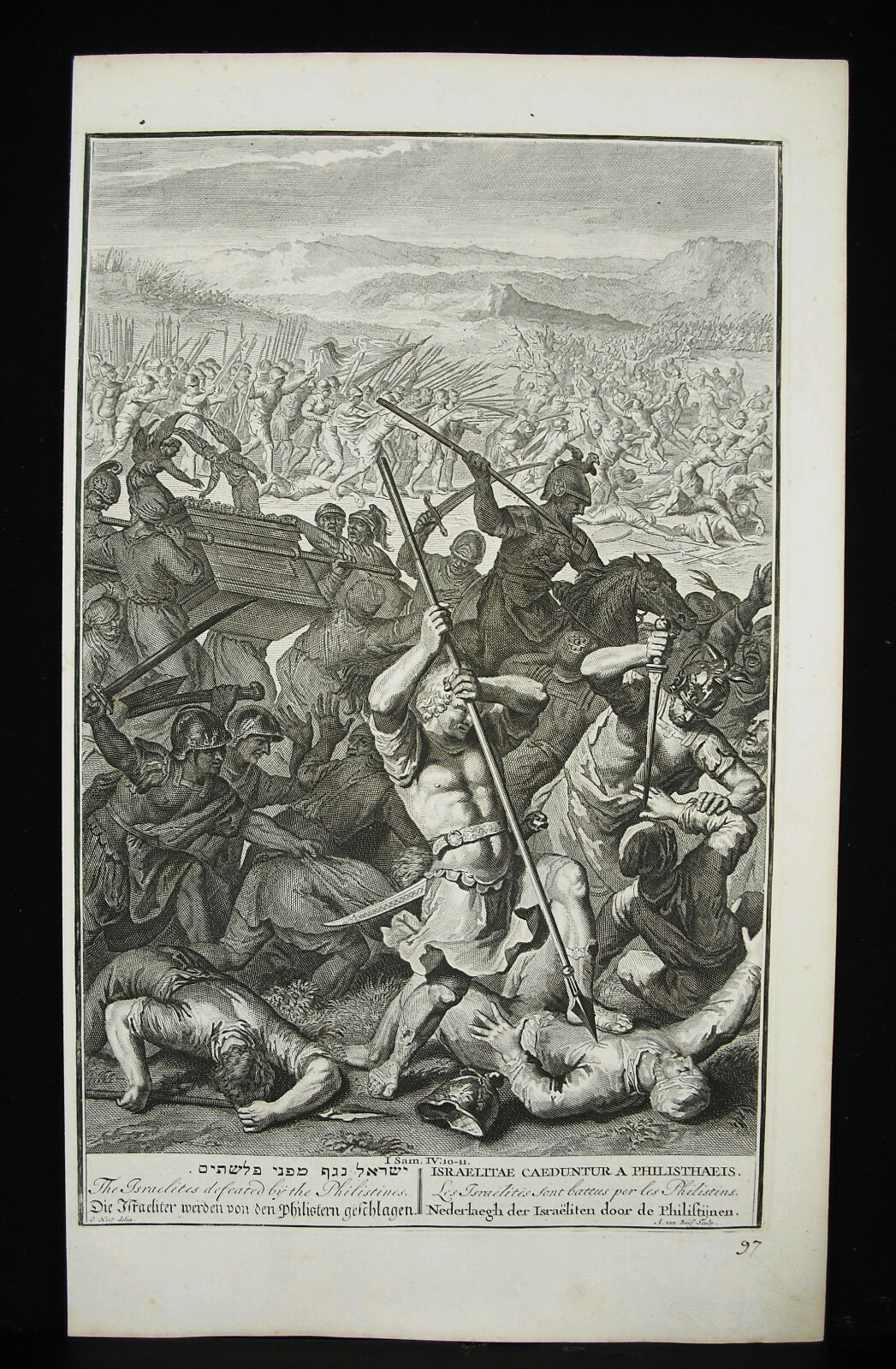 Antique Biblical Etching The Israelites Defeated by the Philistines 1728 G Hoet
