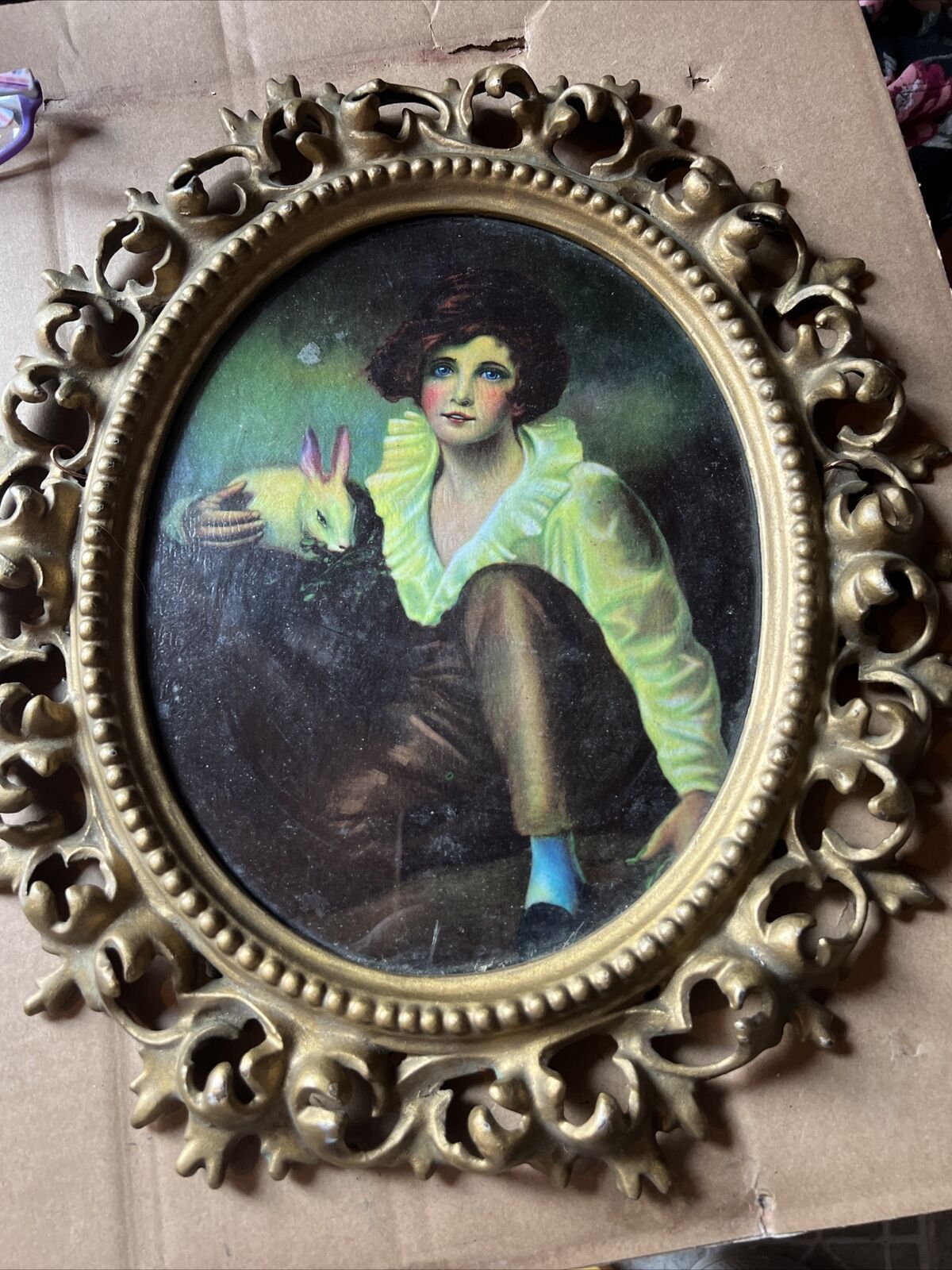 Vtg Victorian Style Metal Frame With A Beautiful Young Woman Holding A Bunny