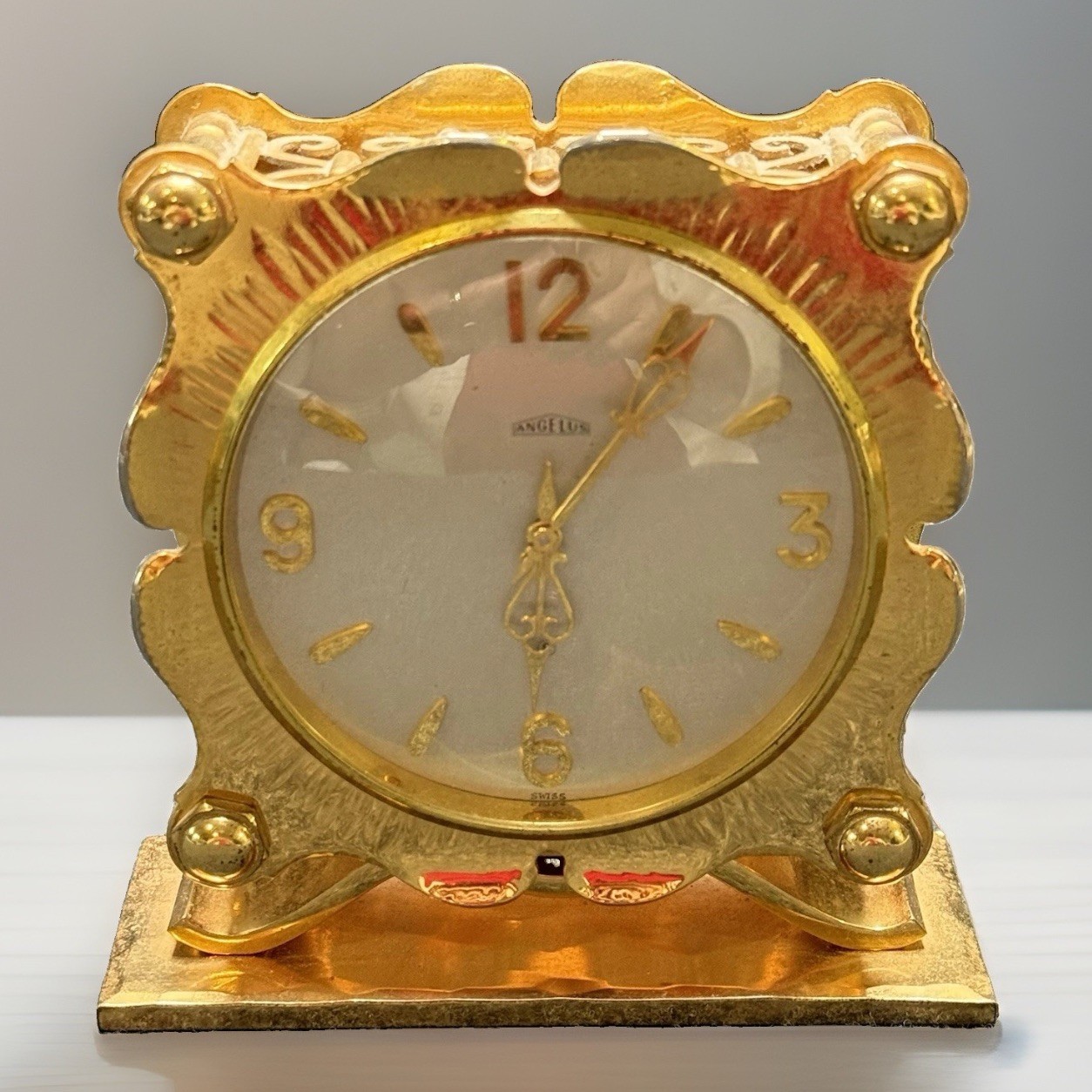 Vintage Angelus Swiss 8-Day Mechanical Gilt Filigree Desk Mantel Clock Works