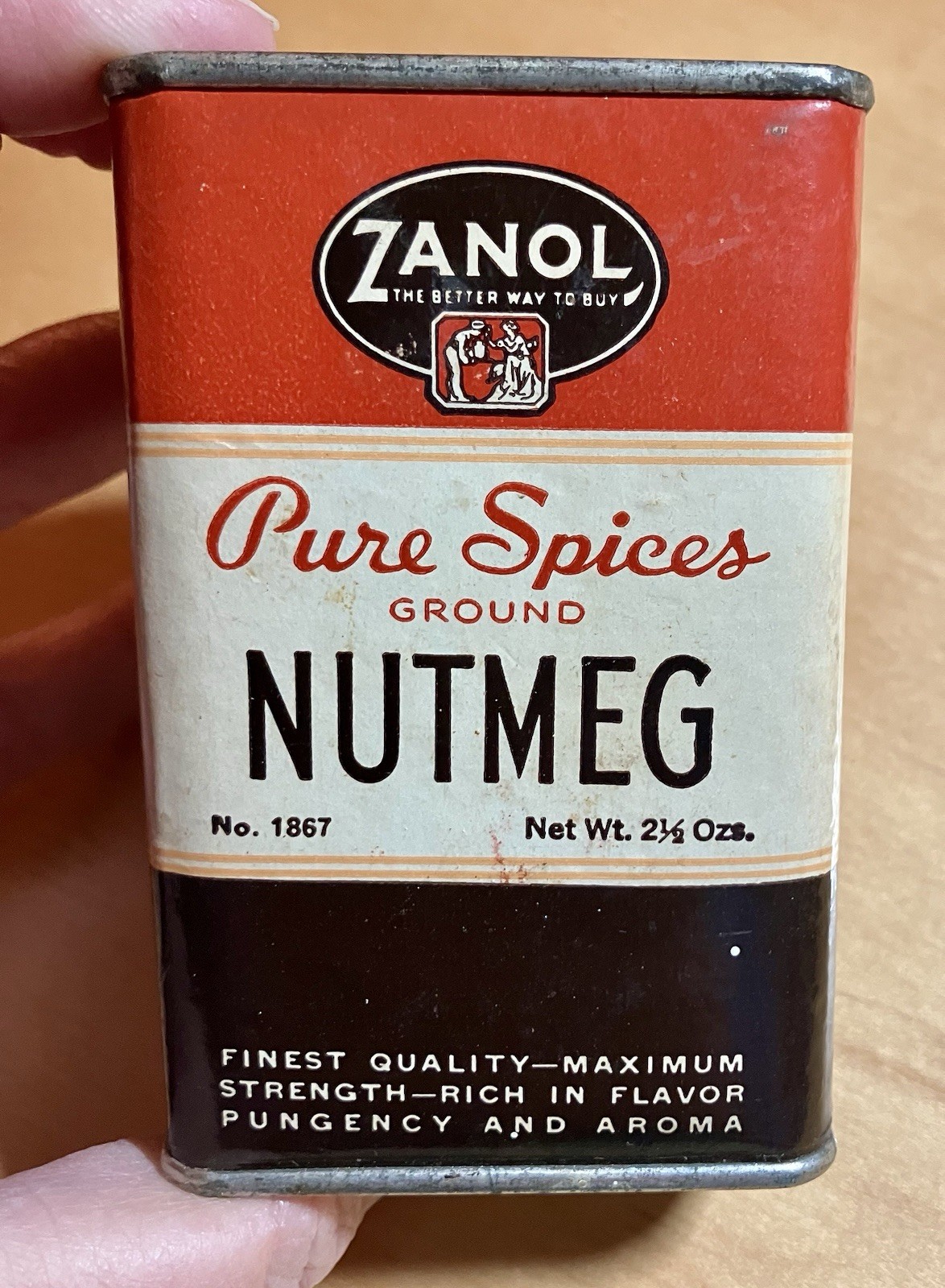 EUC VTG Zanol Nutmeg Pure Spices Spice Tin 1920-30’s Orange&Black-Cincinnati OH