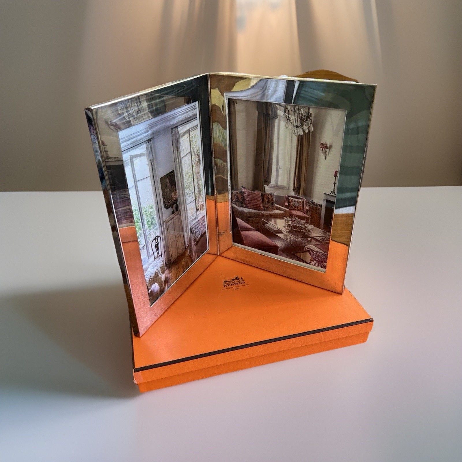 Rare Hermes Large Double Hinged Silver Plated Frame 11 1/2 X 9 Wood Back W /Box
