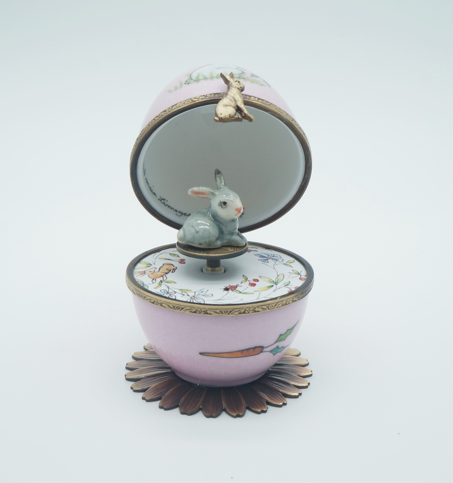 Plays Music French Limoges Trinket Box Pink Easter Egg with Bunny Rabbit Key