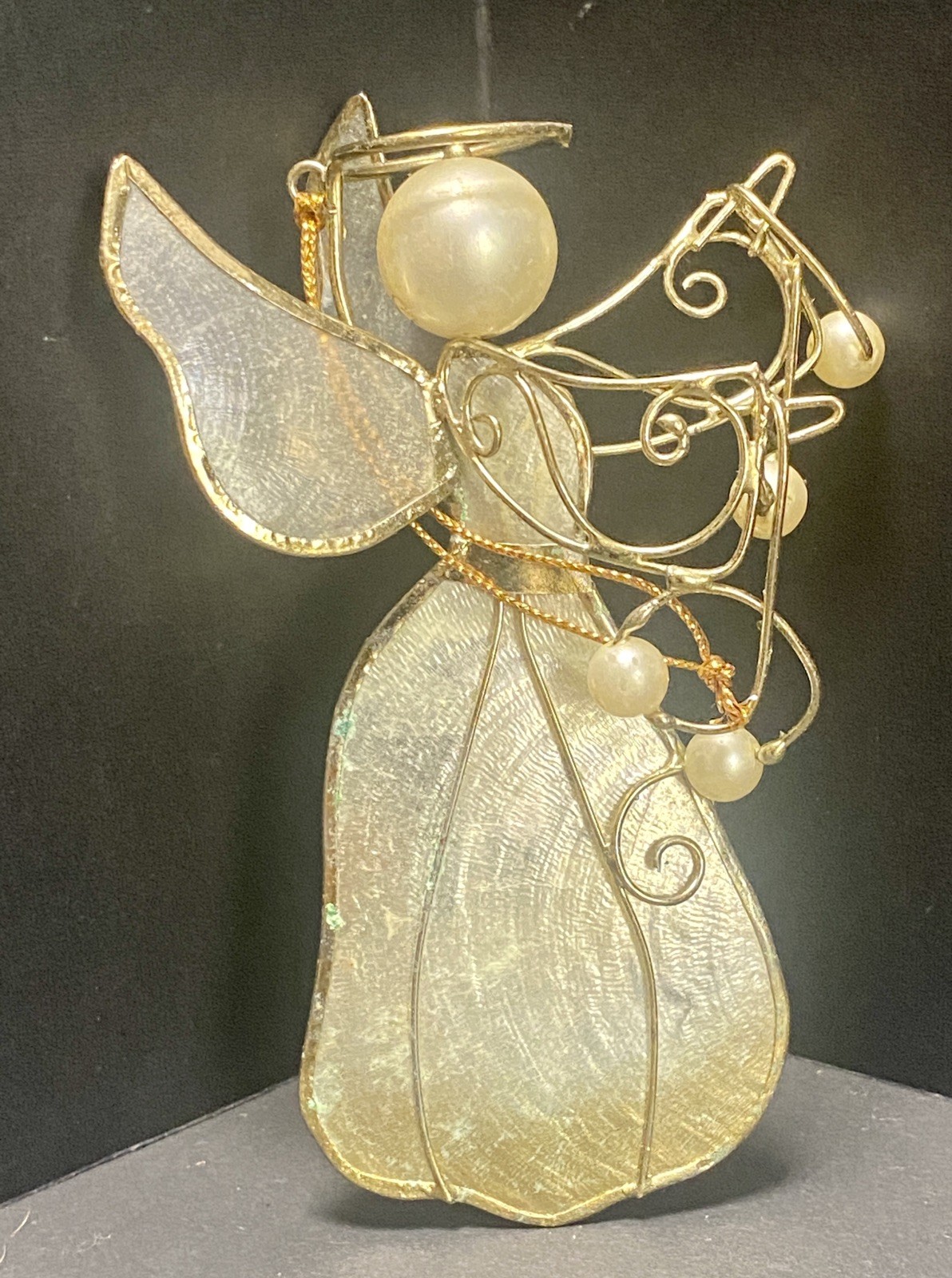 Vintage Capiz Shell Christmas Ornament Angel Trumpet Gold Wire Philippines