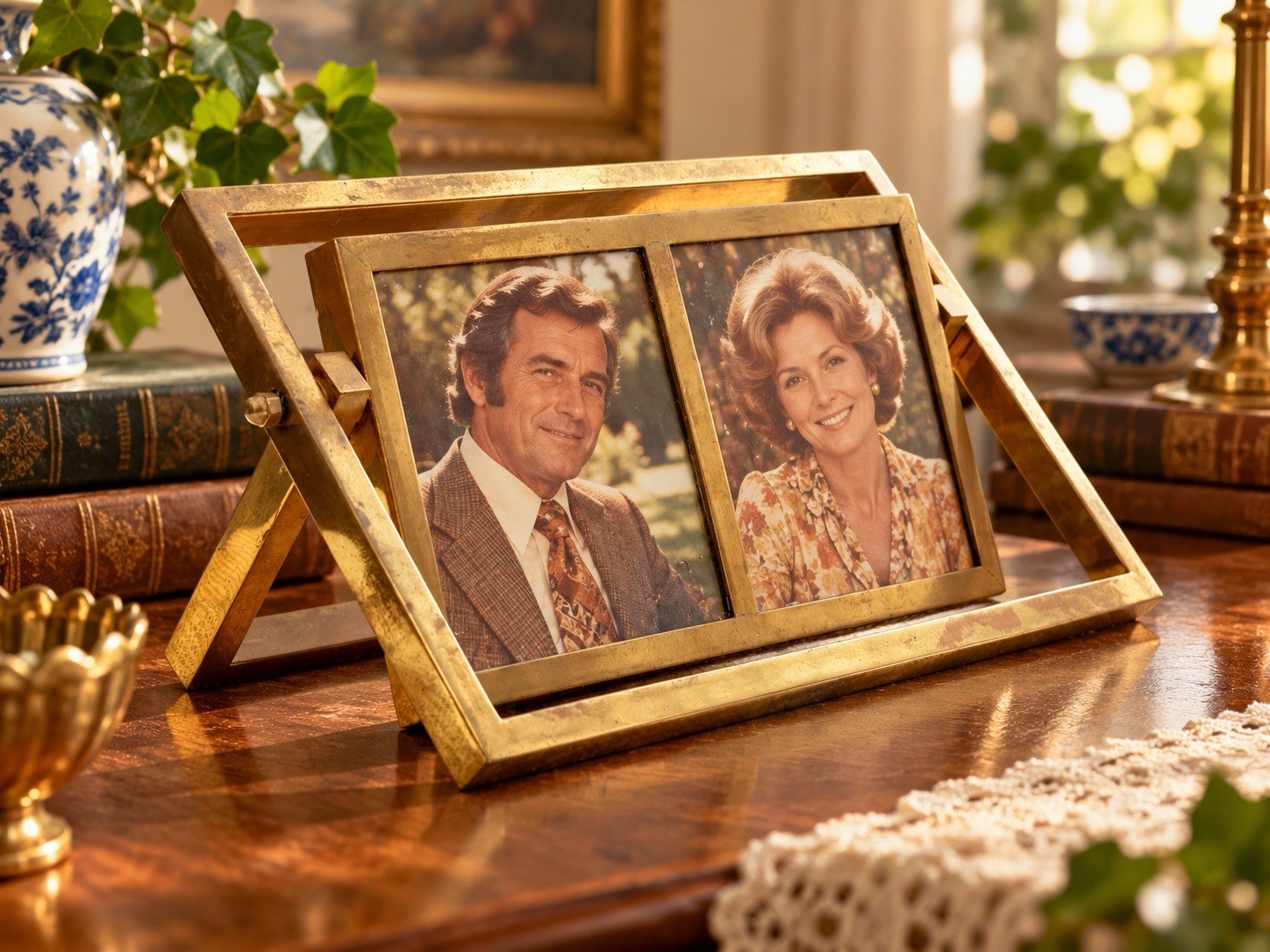 Collectible Vintage Italian Heavy Brass Double Picture Frame Swivel Tilt MCM