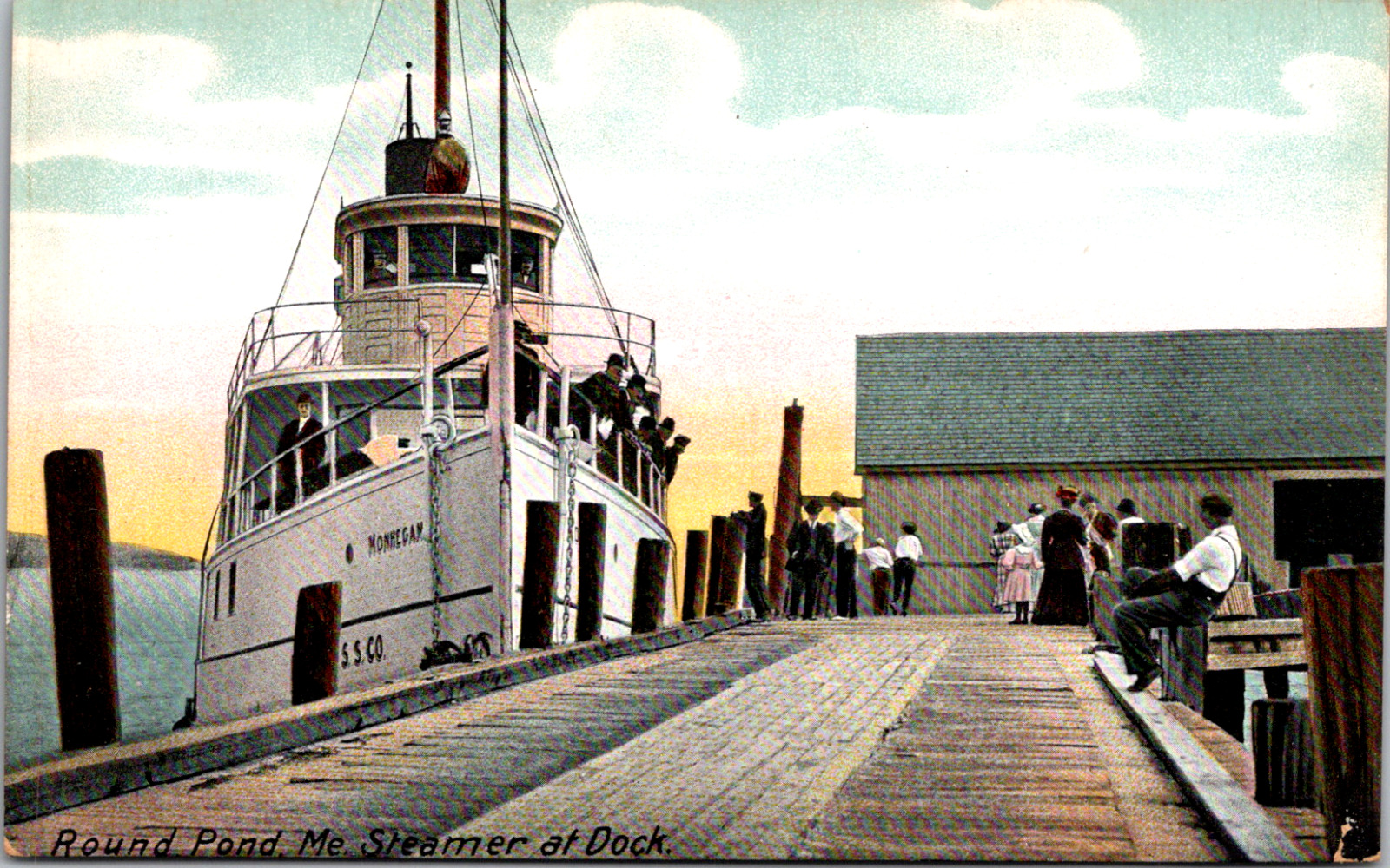 Round Pond Maine ME People Boarding Monhegan Steamer Vintage C. 1910 Postcard