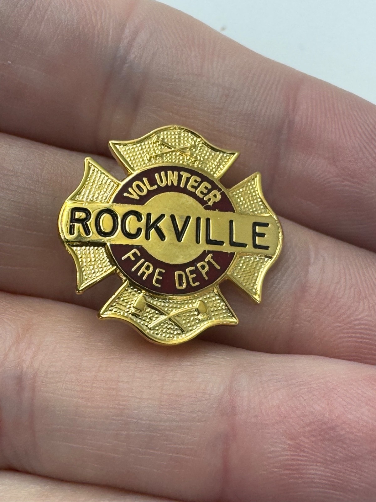 Vintage Rockville Volunteer Fire Department Maltese Cross Lapel Pin Gold Red
