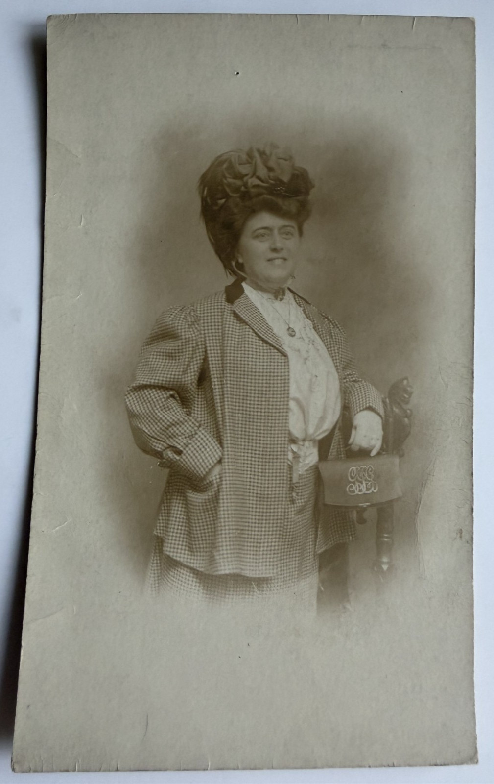 c1910s RPPC Edwardian Woman Fashion Big Hair Fancy Hat Suit Studio Portrait