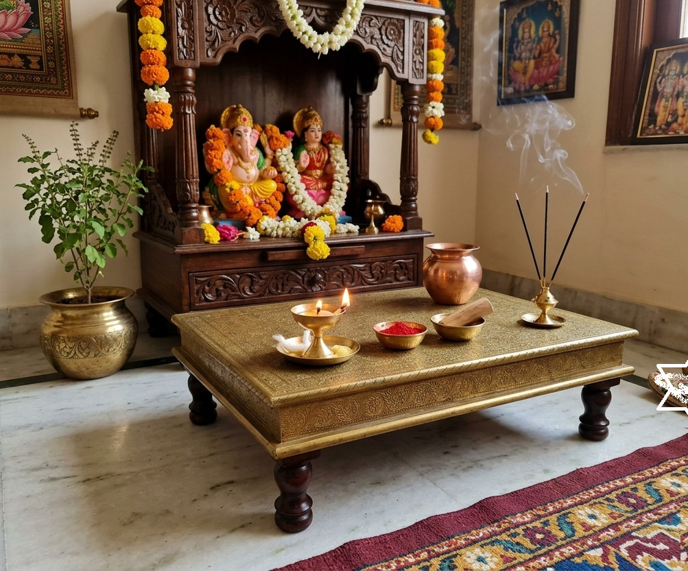 Indian Wooden And Brass Finish Pooja Chowki 21\