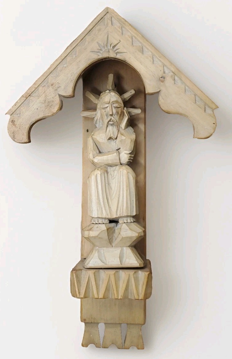 Vintage Worrying Jesus Seated in a Niche Lithuanian Folk Art Hand Carved 12.5\