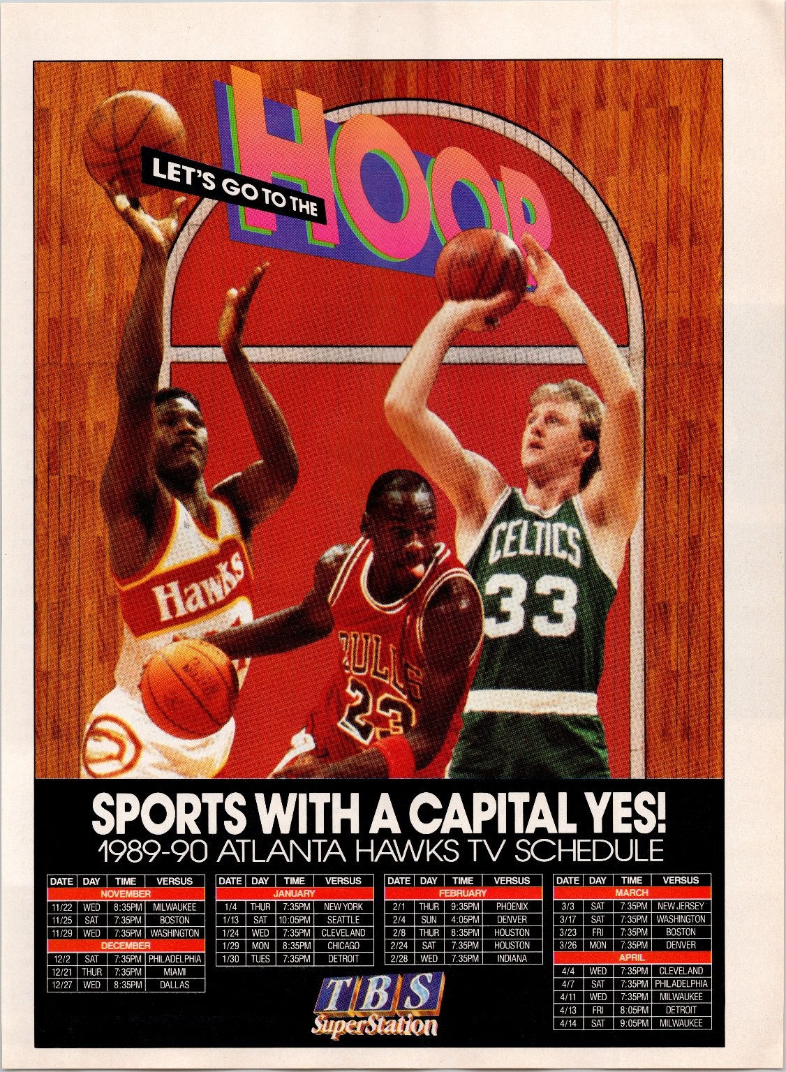 1989-90 Atlanta Hawks TV Schedule Michael Jordan Larry Bird NBA Magazine Ad 1989-90 Atlanta Hawks TV Schedule Michael Jordan Larry Bird NBA Magazine Ad