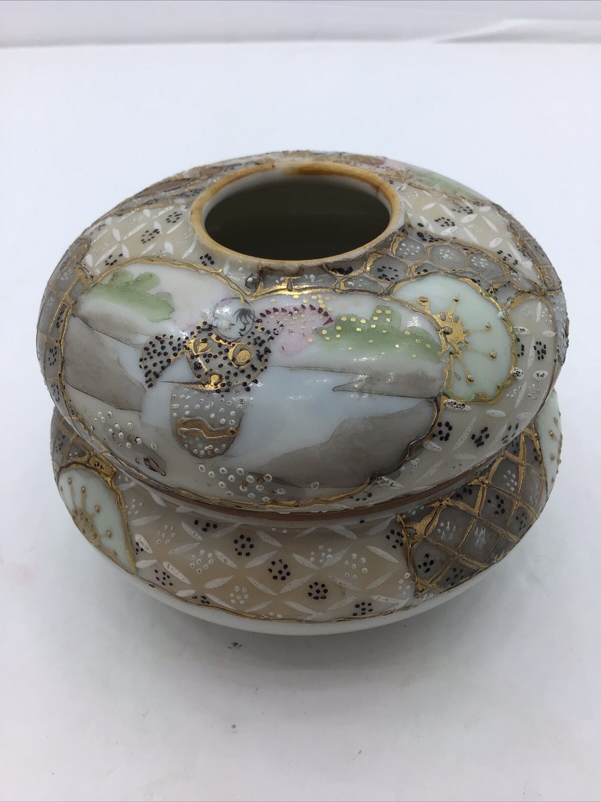 Nippon Royal Satsuma Antique Hair Receiver Gold Enamel Moriage Vintage 