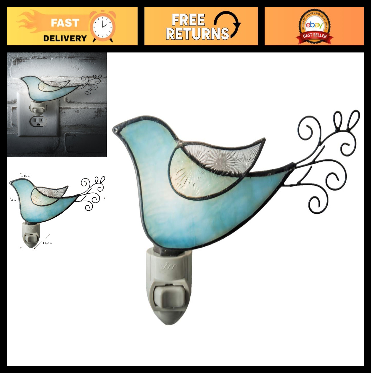 Whimsical Blue Stained Glass Bird Night Light - Perfect for Nursery, Bedroom, Ba Whimsical Blue Stained Glass Bird Night Light - Perfect for Nursery, Bedroom, Ba