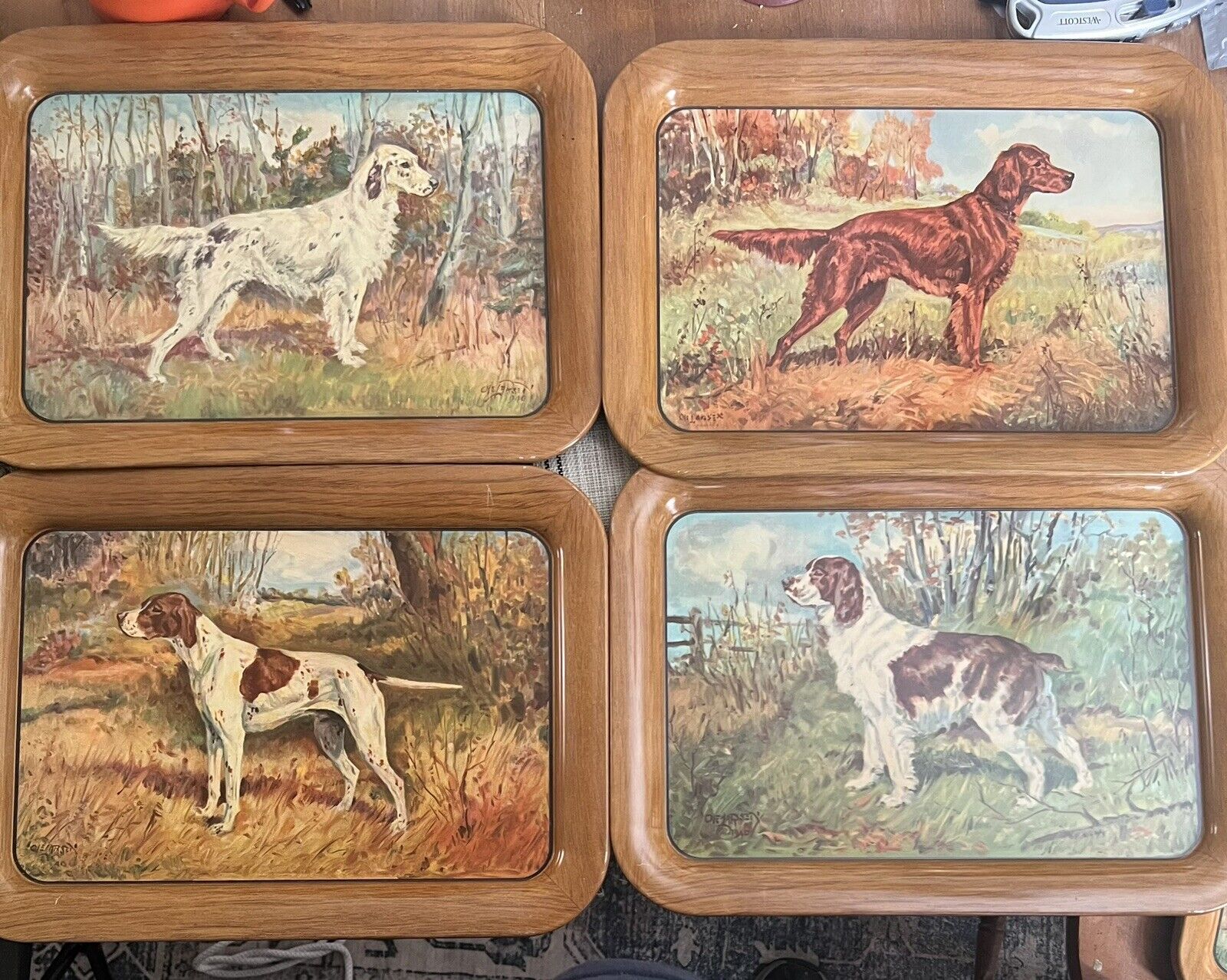 Set of 4 Vintage Ole Larsen Hunting Dog Metal Trays Spaniel Retriever Pointer