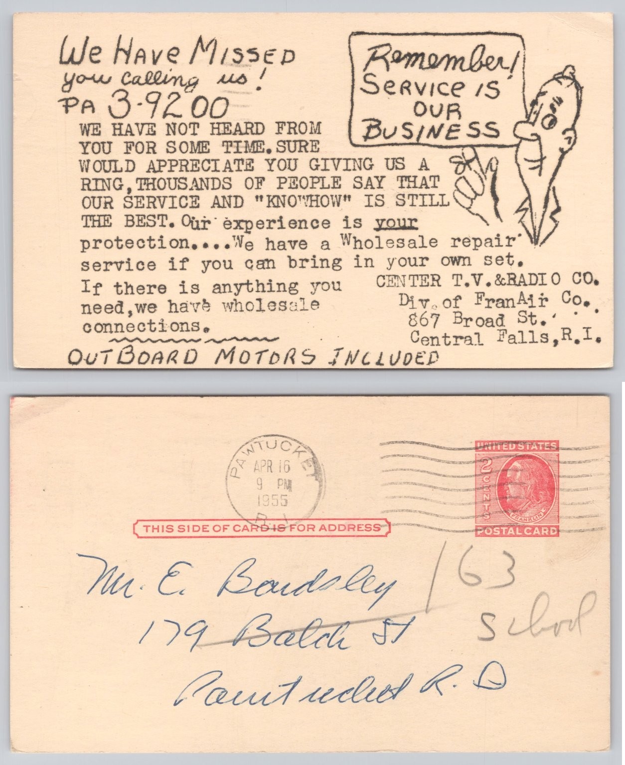 Vintage 1955 Central Falls RI TV Radio Repair Advertising Postcard Pawtucket