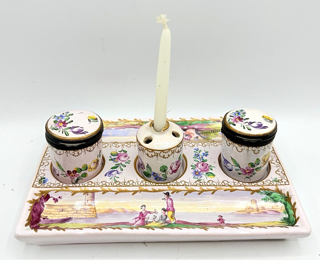Antique Continental Porcelain Inkstand Desk Set Hand Painted Pastoral Scene