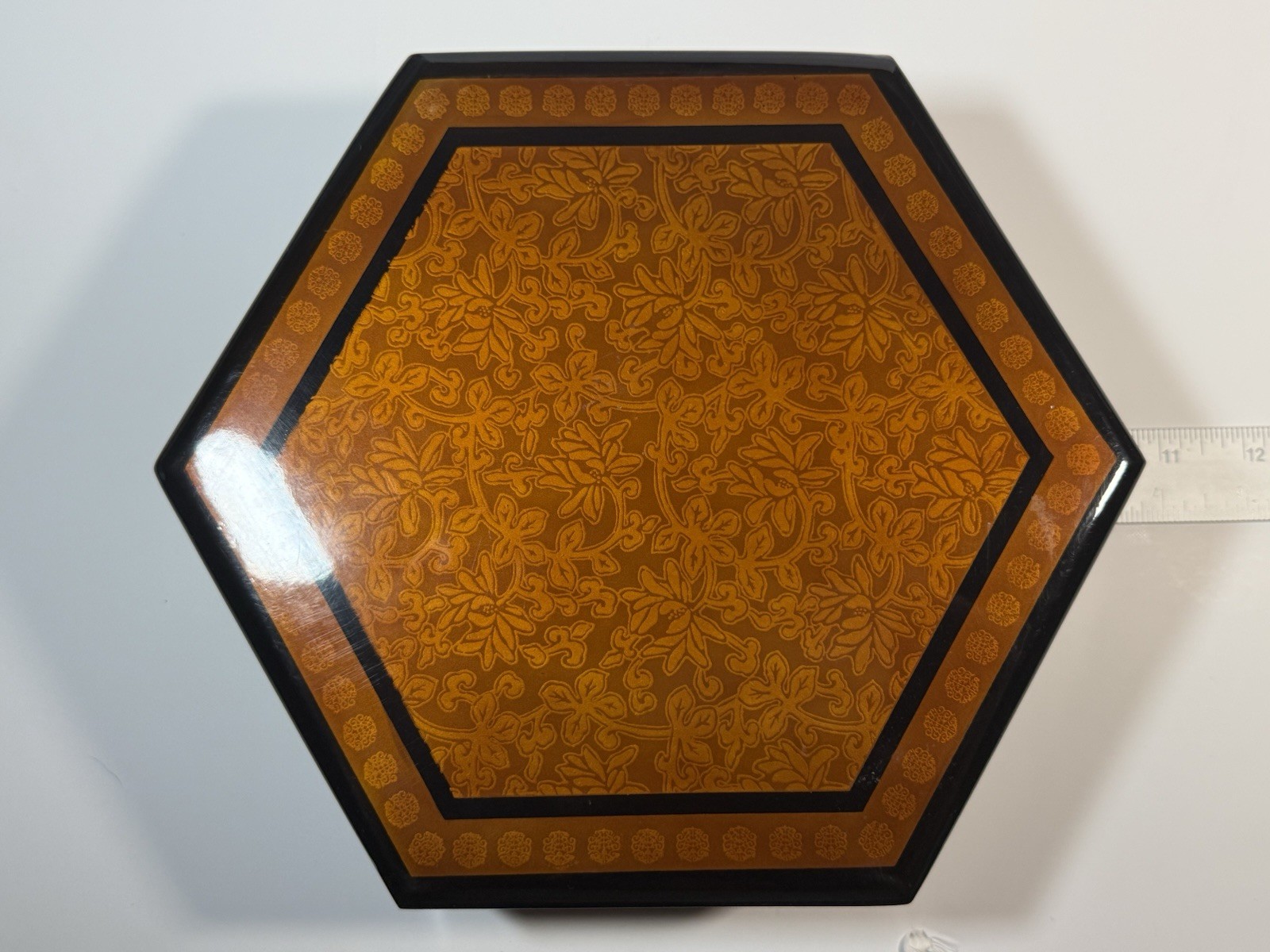Vintage Hexagon Lacquered Box With Floral Pattern Black And Amber 12 Inch