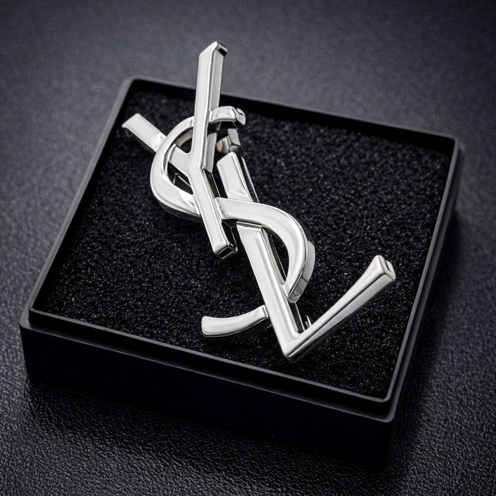YSL Small Silver Brooch for Hat Scarf Tie Collar Lapel Pin Saint Laurent Blazer