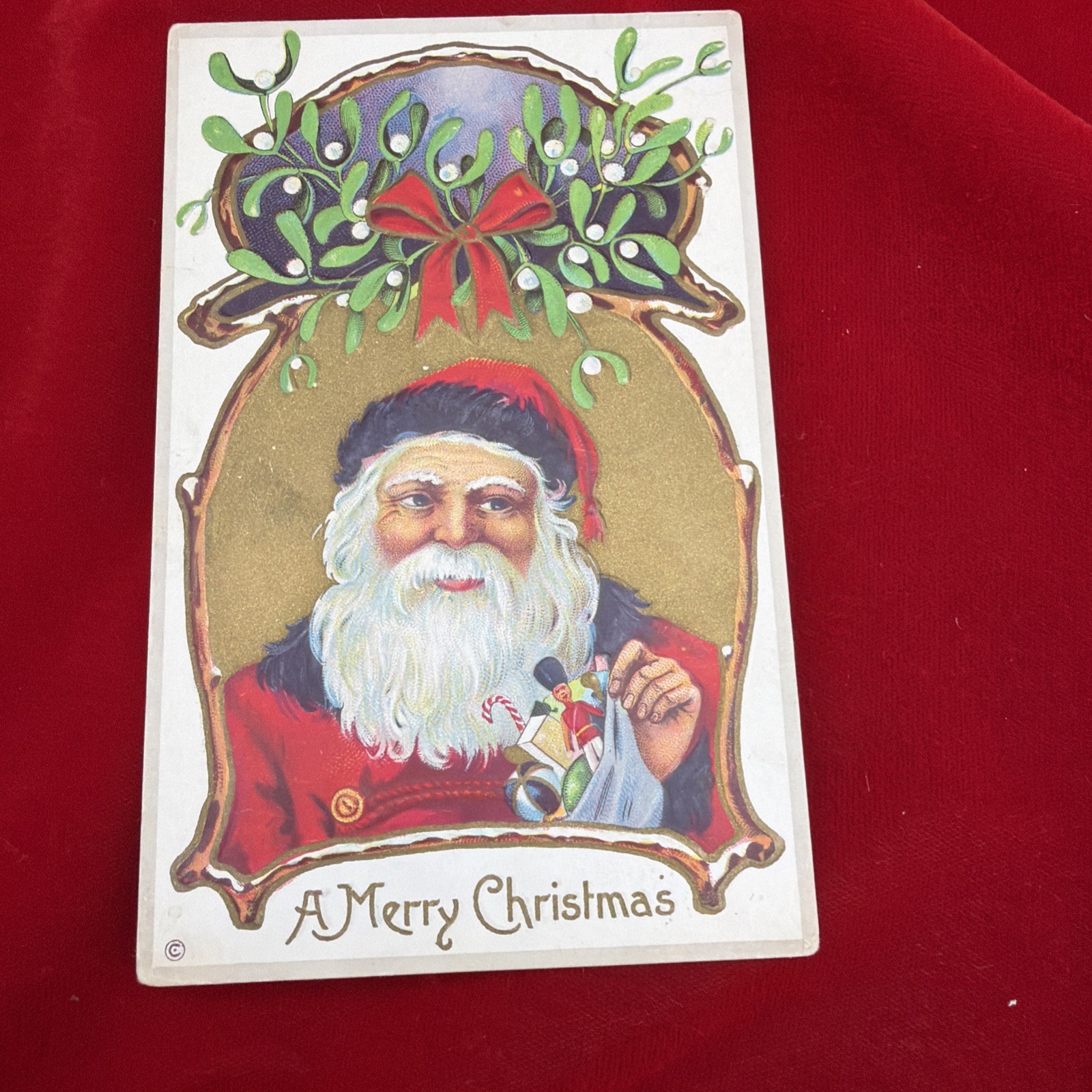Beautiful Vtg Christmas Postcard Santa And Mistletoe Unused Embossed