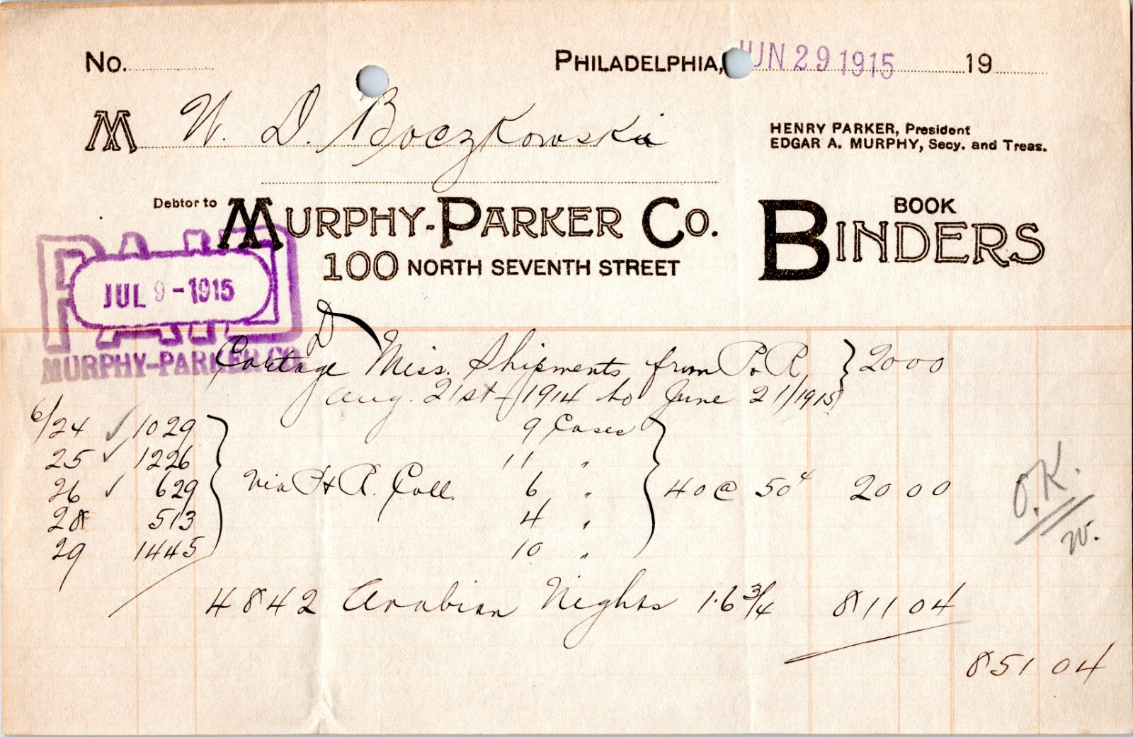 Murphy-Parker Company, Book Binders, Philadelphia, PA - 1915 billhead