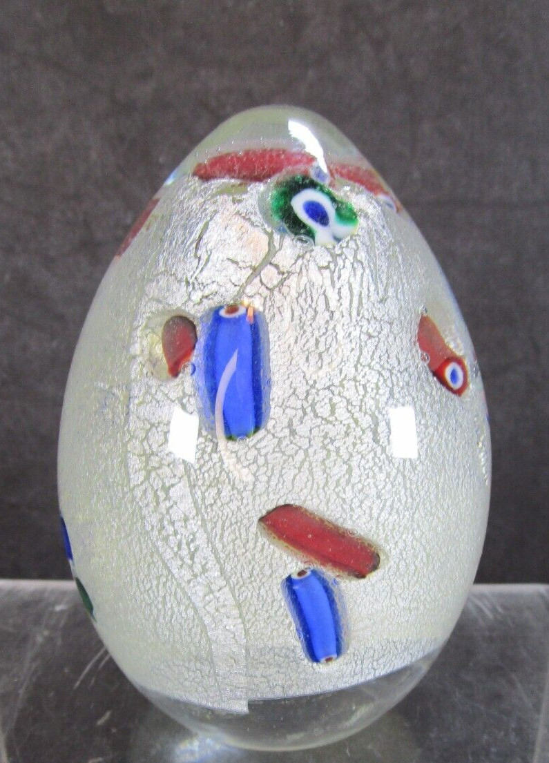 Murano Italy Glass Egg Shaped Paperweight W Silver Foil & Millefiori Rods Label