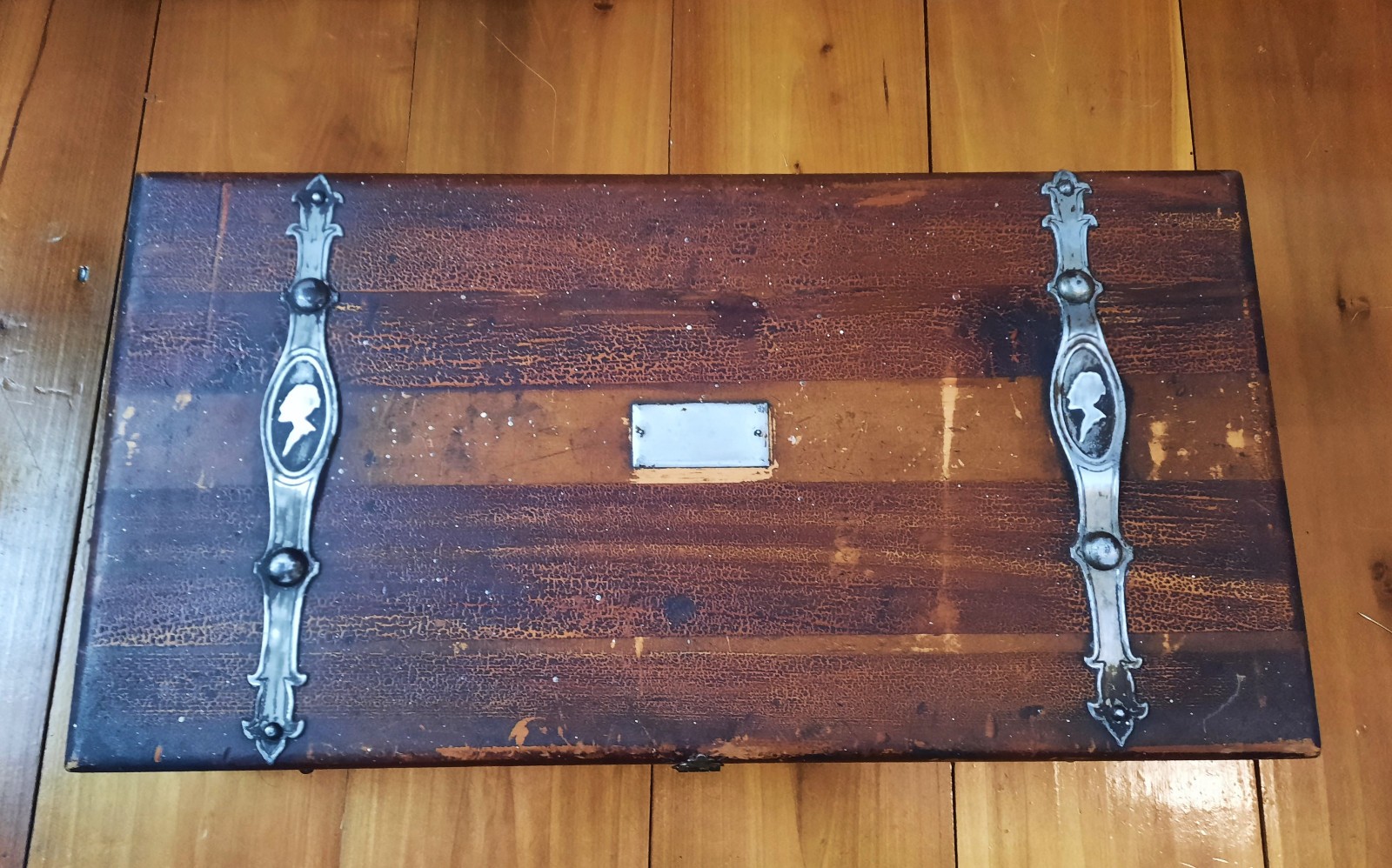 1880 Victorian Cedar Hope Chest, Keepsake Box. Rare Aluminum Straps w/ Lady Head