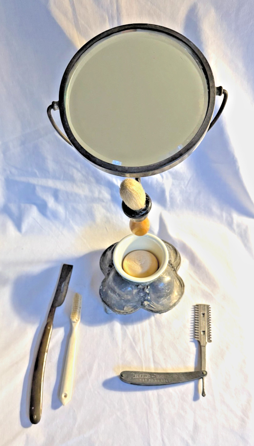 Antique 19th Century Queen City Silver Co. Shaving Mirror with Accessories