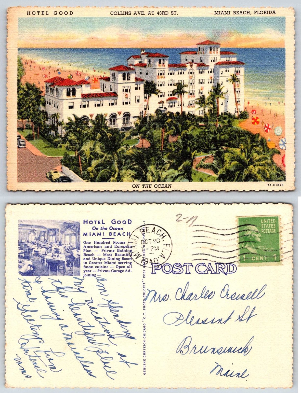Hotel Good Collins Avenue at 43rd Street Miami Beach Florida Postcard BA187