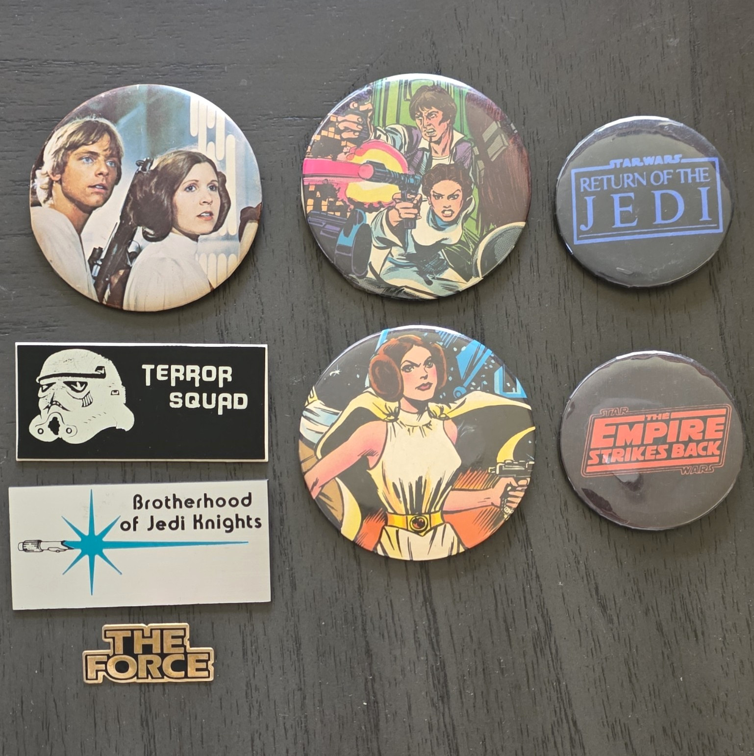 Vintage Star Wars Pinback Button Lot (7pc) - Empire Strikes Back Jedi Leia Luke