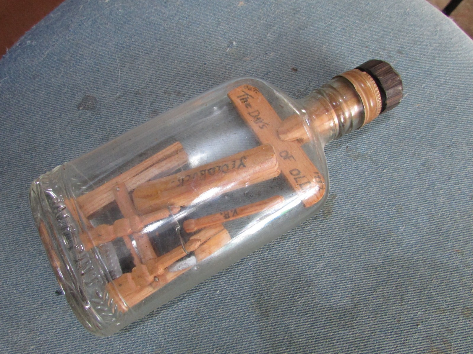 Folk Art HAND CARVED Wood WHIMSEY Bottle w/TOOLS 1937 DATE Signed SHICKLEY, NEB