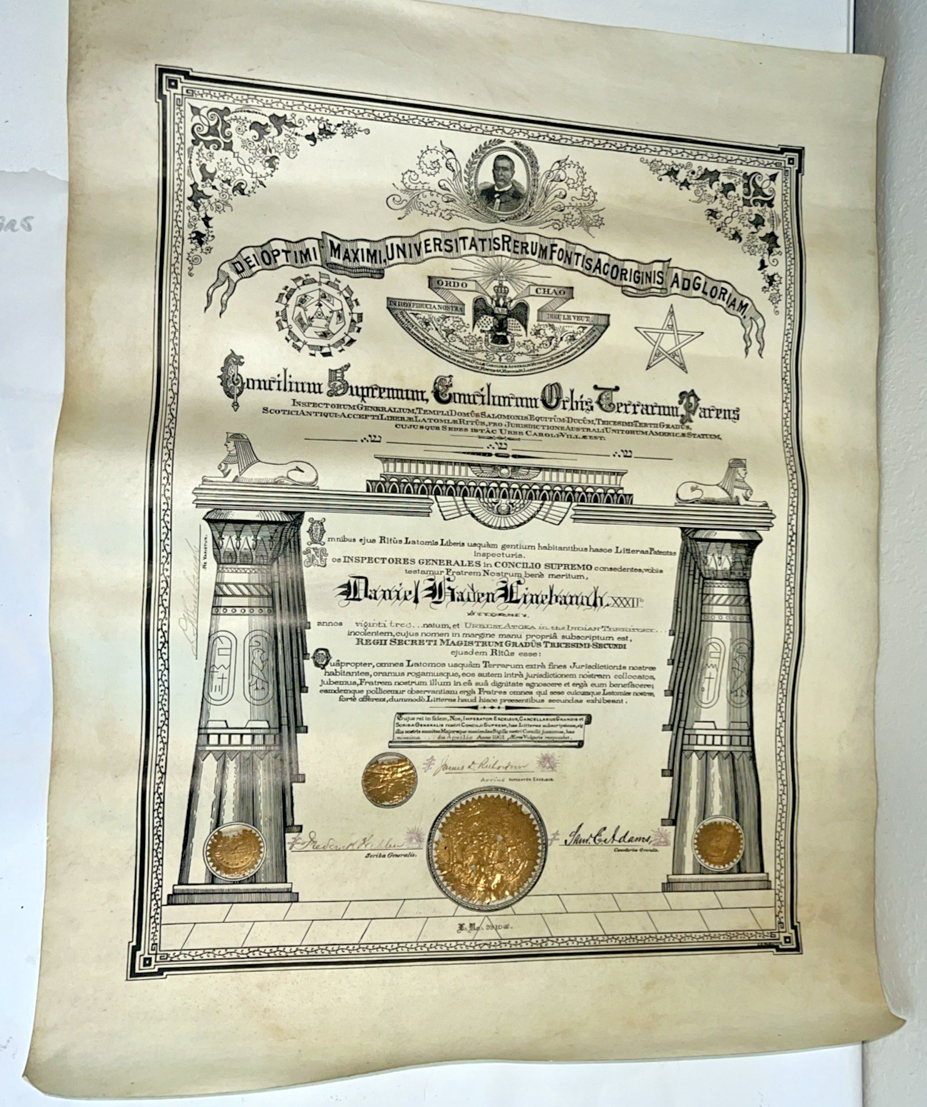Vtg Masonic 1901 Certificate Document Concilium Supremum Conciliorum Orbis 25x19