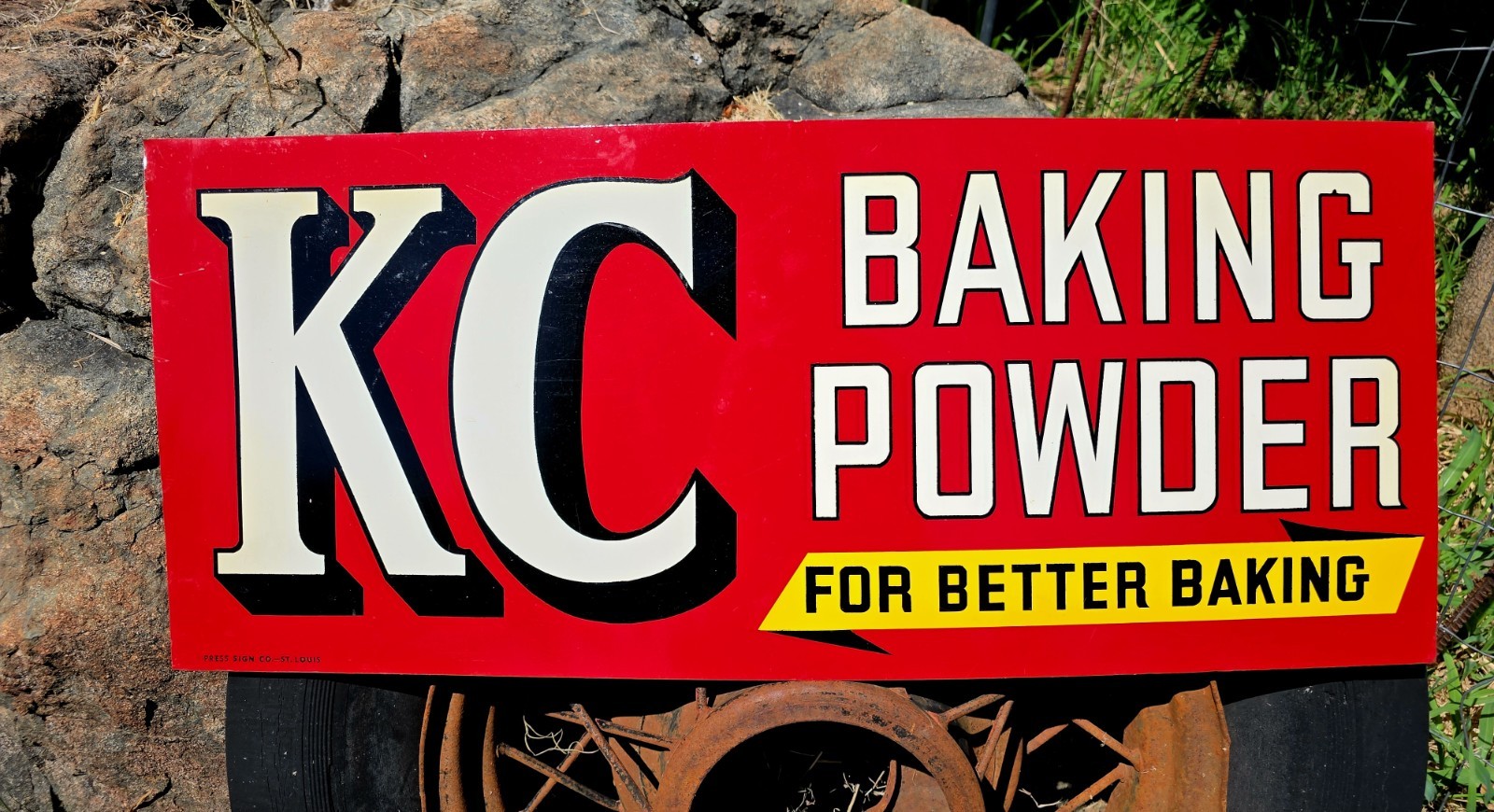 Vintage KC Baking Powder Sign Advertising Metal Press Sign Company Gas Oil  