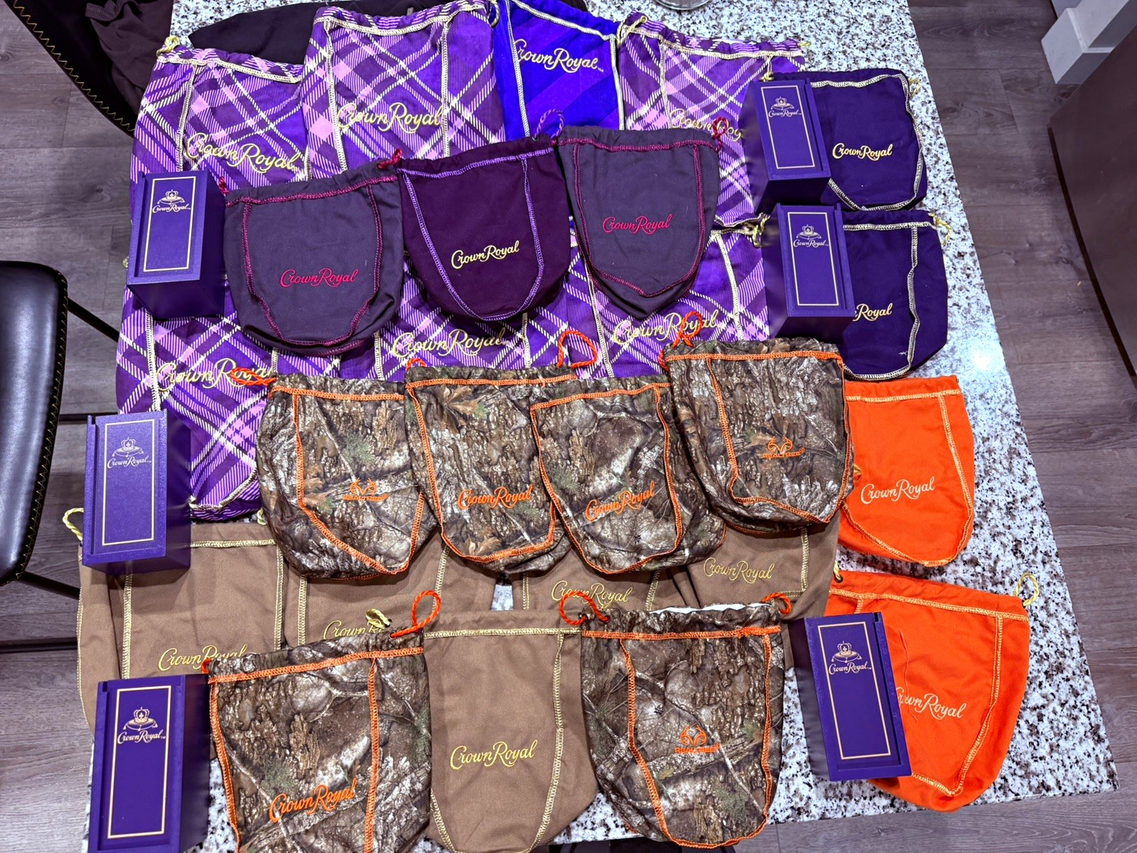 Crown Royal Distillery Advertising Drawstring Bags Lot Purple/Orange/Camo