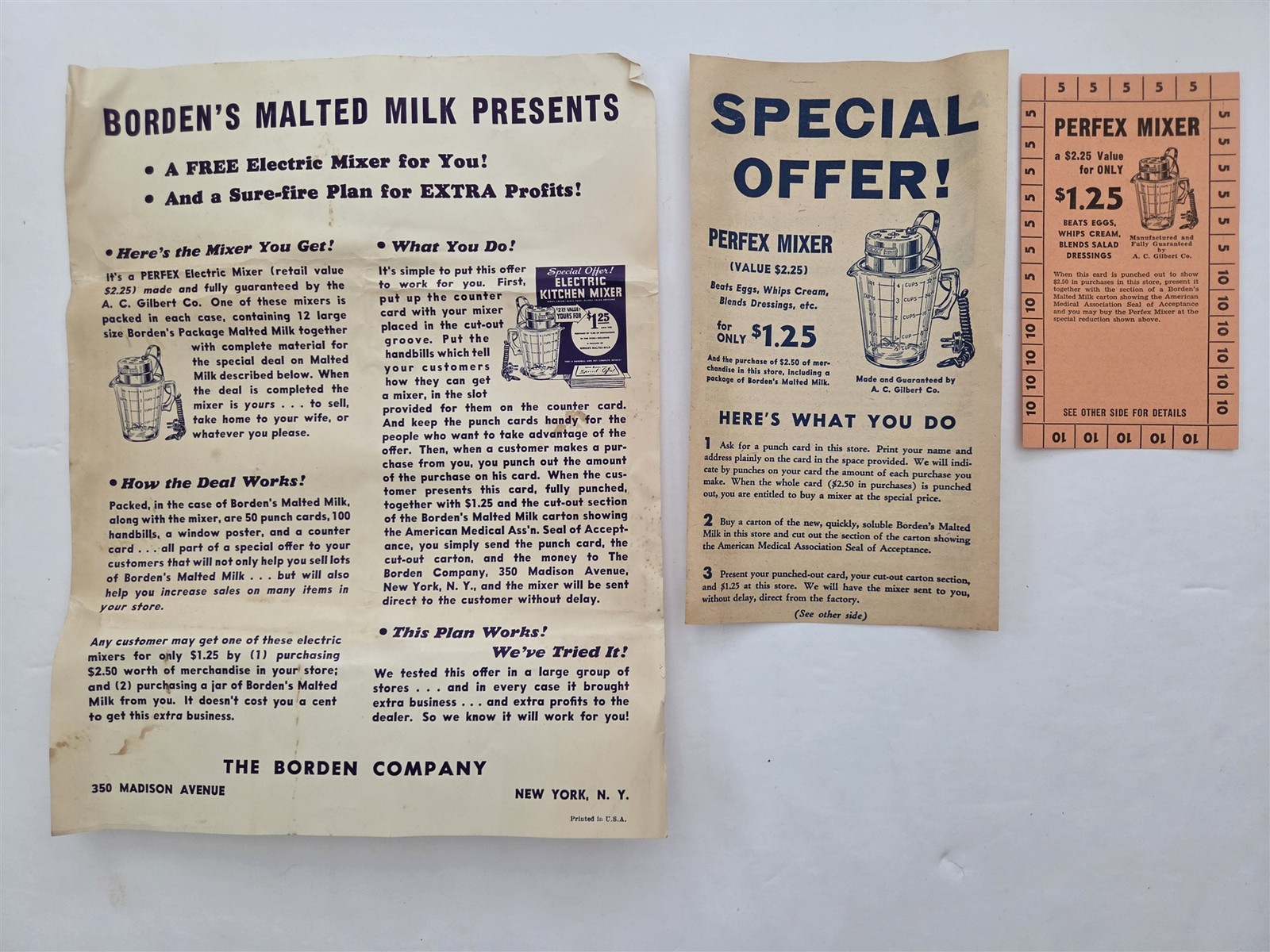 c1940 antique BORDEN\'S MALTED MILK ny PERFEX ELECTRIC MIXER advertising 3pc LOT