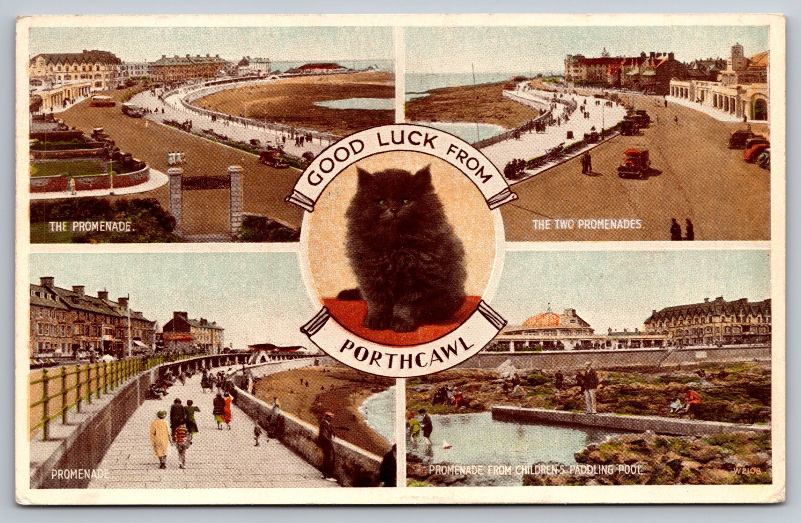 Vintage Porthcawl South Wales Multi-View Postcard Black Cat Good Luck 1945