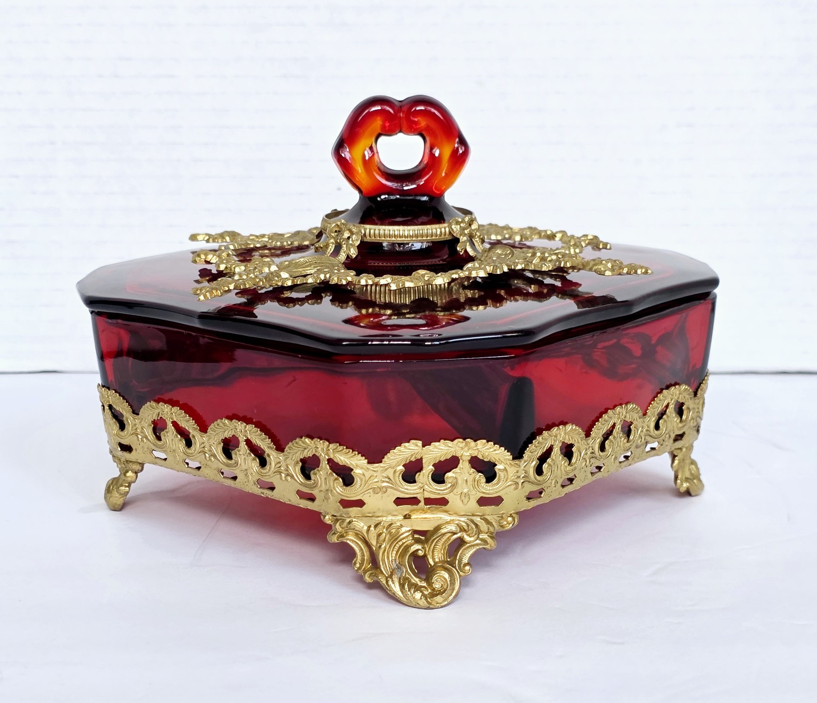 Vtg Paden City Red Glass Dish 3 Part Divided Ormolu Casket UV Glow Victorian 