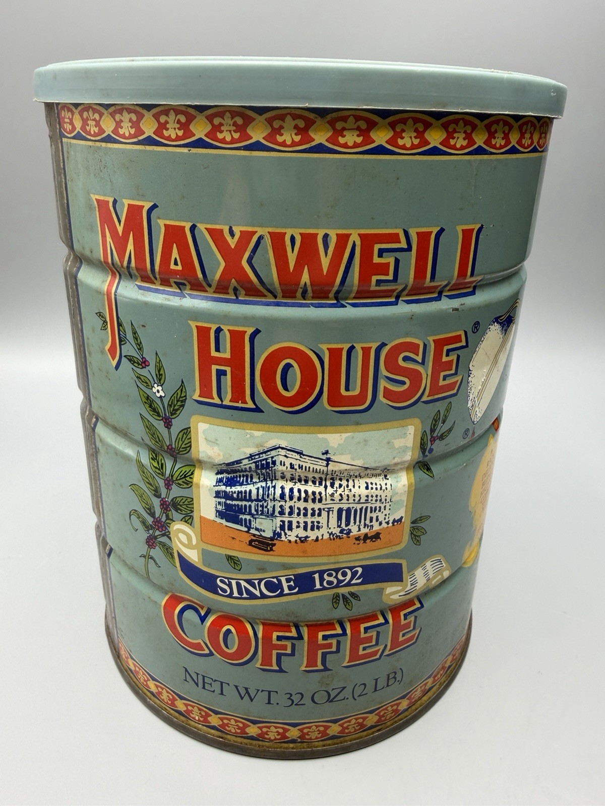 Vintage Maxwell House 80th Anniversary Coffee Can 2 LB With Lid Paper Sticker