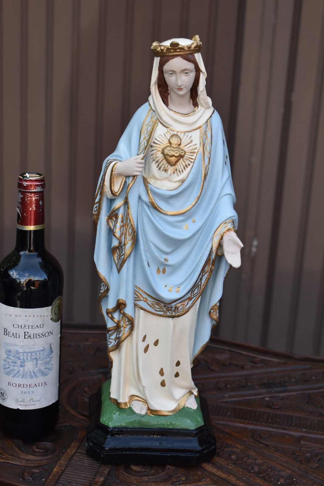 Antique Chalk sacred heart madonna statue religious