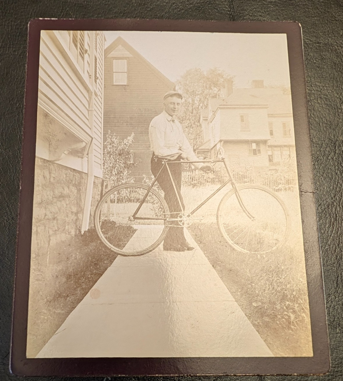Bicycle History-RARE-1892 Cabinet Card Man w/his Bicycle Eastman Kodak Co Mount