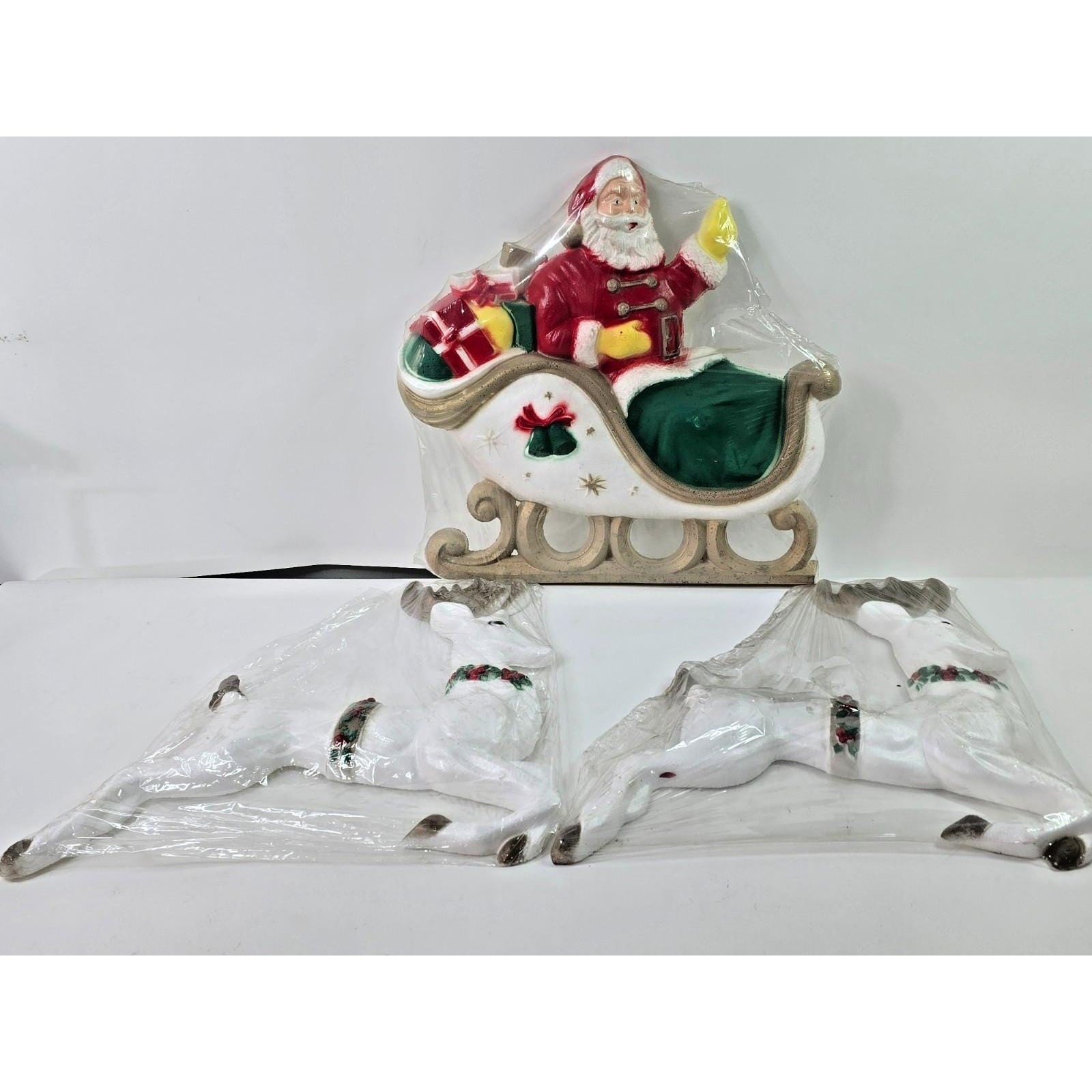 Vintage Large 1960s Poloron Santa Sleigh & Reindeer Styrofoam Set NOS