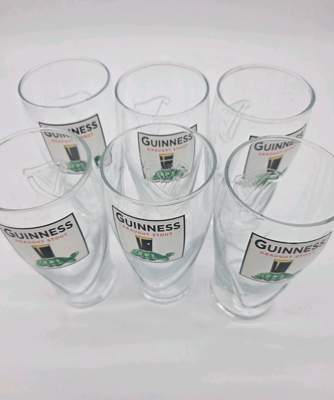 Six (6) Guinness Draught Clear Pint Beer Glasses Harp & Turtle Logo Breweriana Six (6) Guinness Draught Clear Pint Beer Glasses Harp & Turtle Logo Breweriana