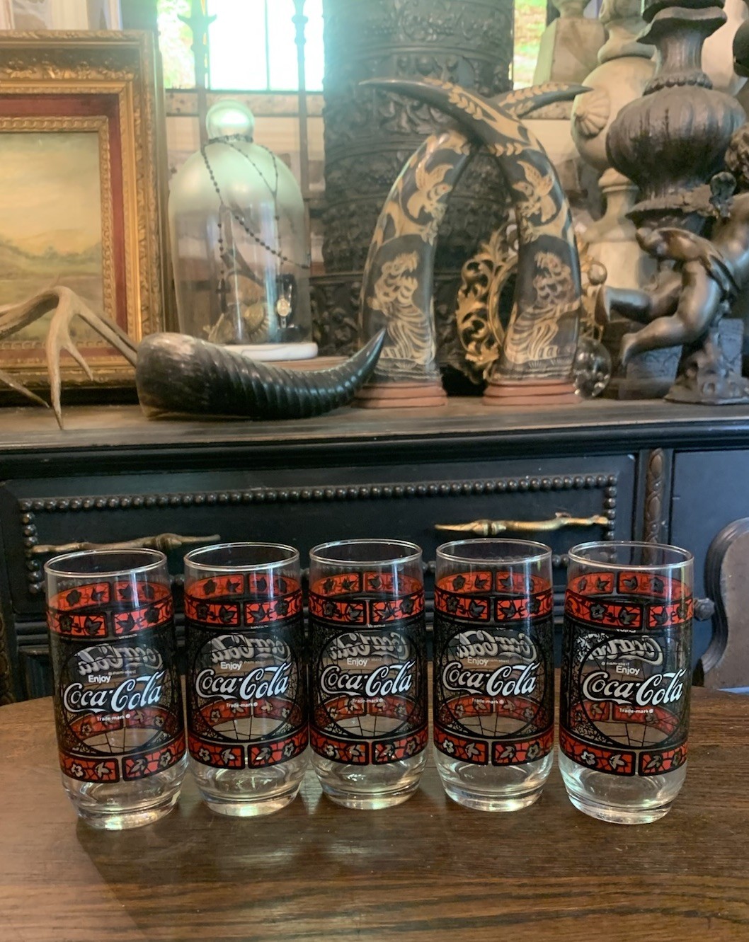 Set of 5 Vintage Coca Cola Stained Glass 16 oz. Drinking Glasses NOS/ Mint
